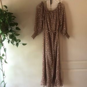 ASOS- off the shoulder khaki floral maxi dress